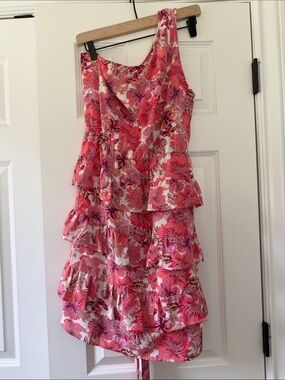 One-Shoulder Pink Floral Ruffle Dress with Tie Waist